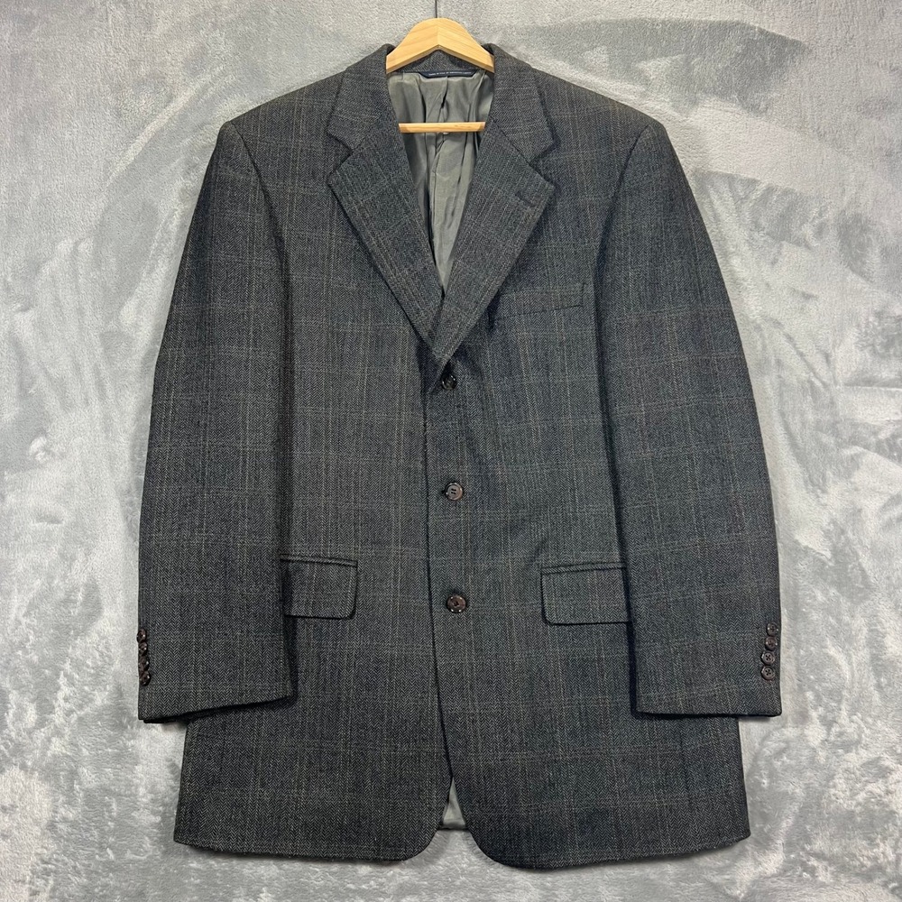 Brooks Brothers Sport Coat Mens 41 Long Grey Herringbone Plaid Lambswool Jacket‎